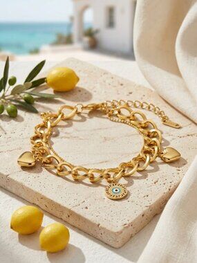Double Chain 18K Gold Plated Heart Evil Eye Charm Bracelet Chunky Adj 6-8.5"